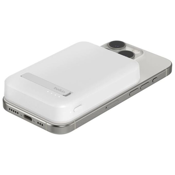 Belkin BPD007BTWH BoostCharge Pro Power Bank Magnetico 8000 mAh 15 W Wireless Qi2 con Supporto Integrato 2 Porte USB-C colore Bianco