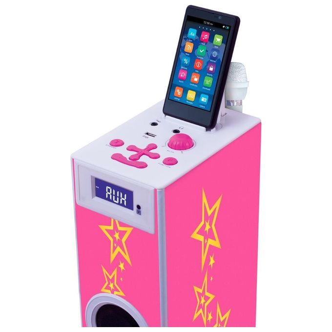 Bigben Interactive AU319354 Torre Multimediale con Docking Station 2 x 10 W RMS Radio FM Integrata Ingressi USB AUX SD Microfono Incluso Telecomando Display LCD colore Rosa