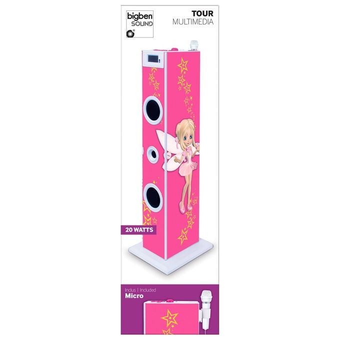 Bigben Interactive AU319354 Torre Multimediale con Docking Station 2 x 10 W RMS Radio FM Integrata Ingressi USB AUX SD Microfono Incluso Telecomando Display LCD colore Rosa