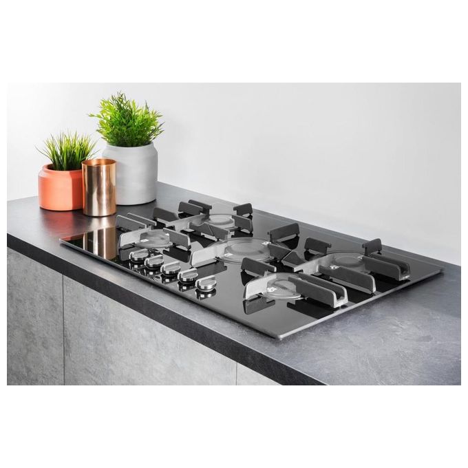 Hotpoint Ariston FTGHG 751 D-HA(BK) Piano Cottura a Gas in Vetro Temperato 5 Fuochi Griglie in Ghisa 75 cm Nero