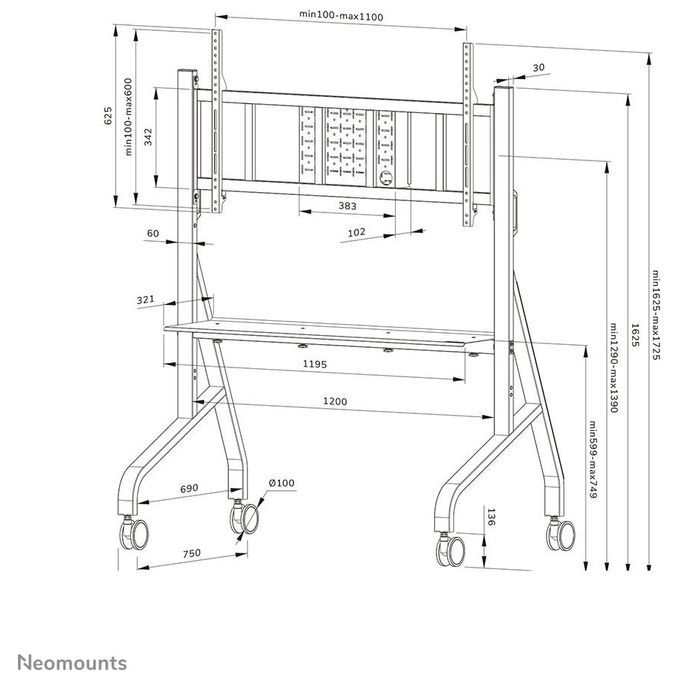 Neomounts FL50-575WH1 Carrello TV Mobile Altezza Regolabile 129-139 cm Capacita' 125 Kg VESA 100x100-1100x600 mm colore Bianco