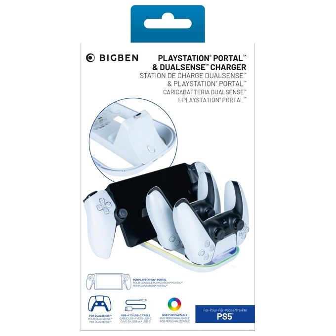 Nacon 10255529 Stazione di Ricarica 3-in-1 per PlayStation Portal e 2 Controller DualSense RGB con Indicatore di Carica colore Bianco