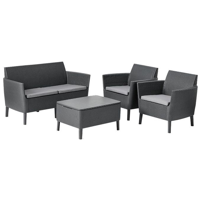 Keter 253220 Salemo Salottino da Esterno 4 Posti Divano 2 Poltrone Tavolino Polipropilene Effetto Rattan colore Grafite