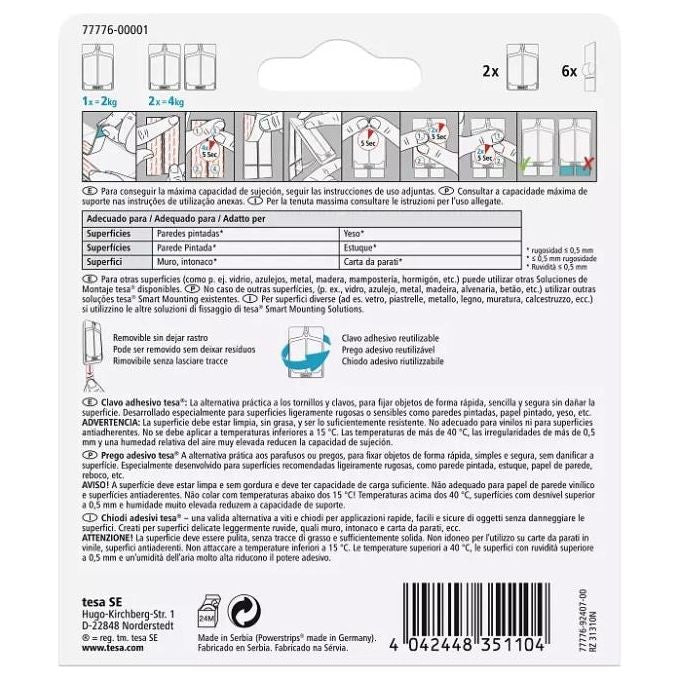 Tesa Blister 2 chiodi Adesivi per muro e Carta da Parati Portata 2,0 kg Powerstrips