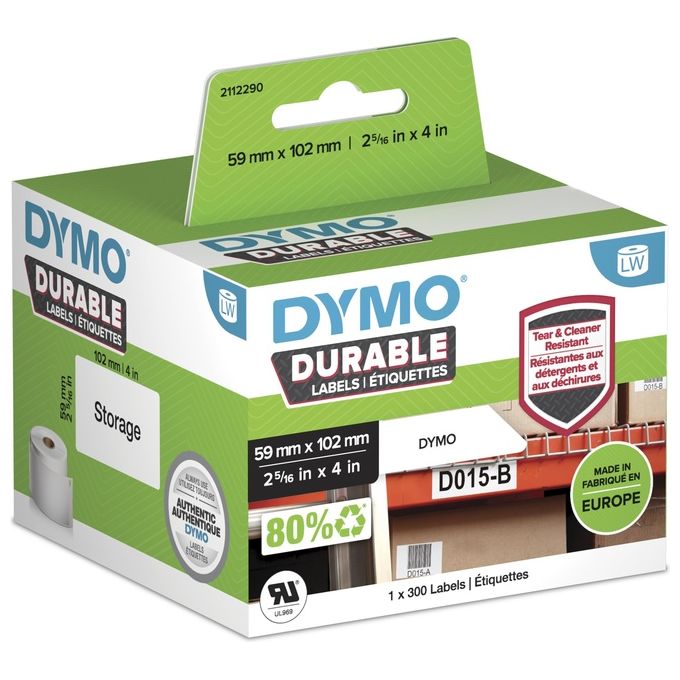 DYMO 2112290 LW DURABLE Rotolo di Etichette Durevoli in Polipropilene Bianco 59x102 mm 300 Etichette Adesivo Permanente colore Bianco