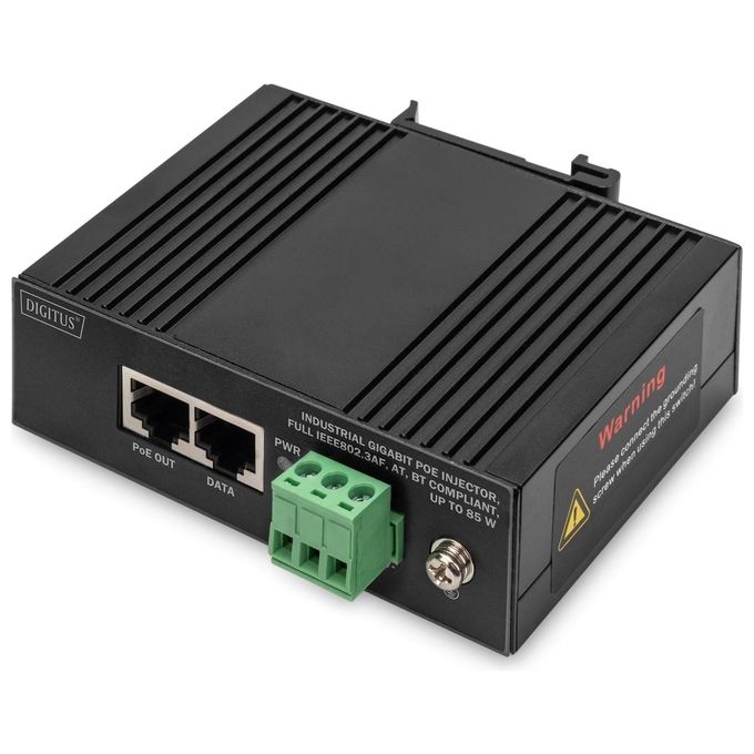 Digitus DN-651141 Iniettore Poe Gigabit Ethernet Industriale 10-100-1000 Mbps fino a 85 W su 4 coppie Montaggio su Guida DIN colore Nero