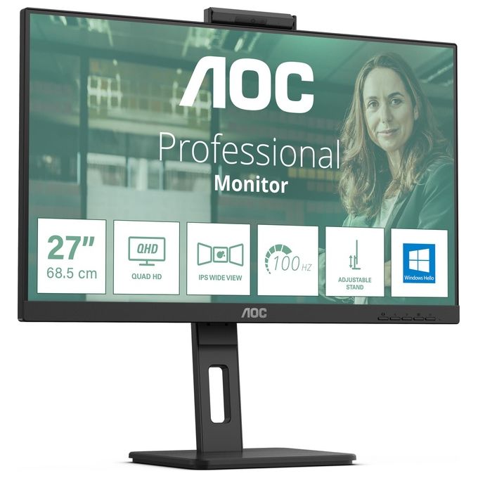 AOC Q27P3CW Pro-line Monitor PC 27'' Quad HD IPS LED 2560x1440 Webcam 5MP USB-C 65W Hub USB 3.2 colore Nero