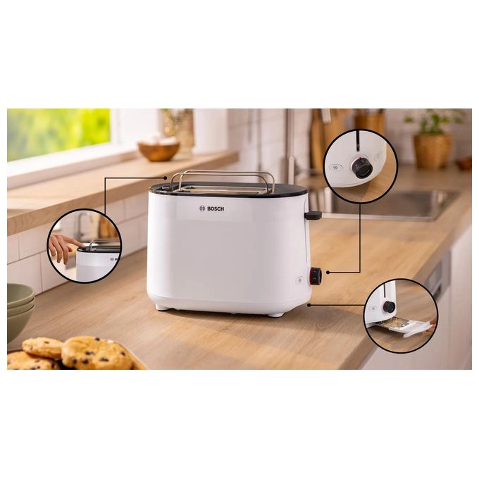 Bosch TAT2M121 MyMoment Tostapane 2 Fette 950 W Funzione Scongelamento e Riscaldamento Vassoio Raccoglibriciole Rimovibile colore Bianco