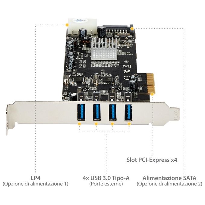 StarTech Adattatore scheda SuperSpeed USB 3.0 PCI Express (PCIe) Quad Bus a 4 porte con UASP - Alimentazione SATA-LP4