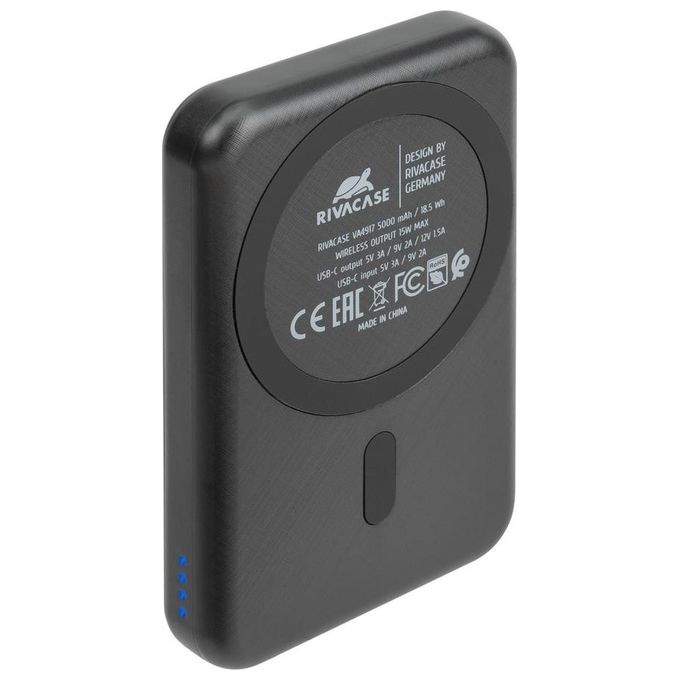 Rivacase VA4917 Caricabatterie Wireless Qi 3 in 1 MagSafe 15W Power Bank 5000 mAh Ricarica Rapida QC PD 20W colore Nero