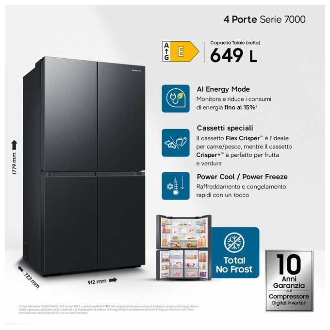 Samsung RF59C70TEB1ES Frigorifero 4 Porte 649 L 177,9 cm Classe E 36 dB WiFi Total No Frost All Around Cooling Twist Ice Maker (91,2x177,9x72,3 cm) colore Antracite