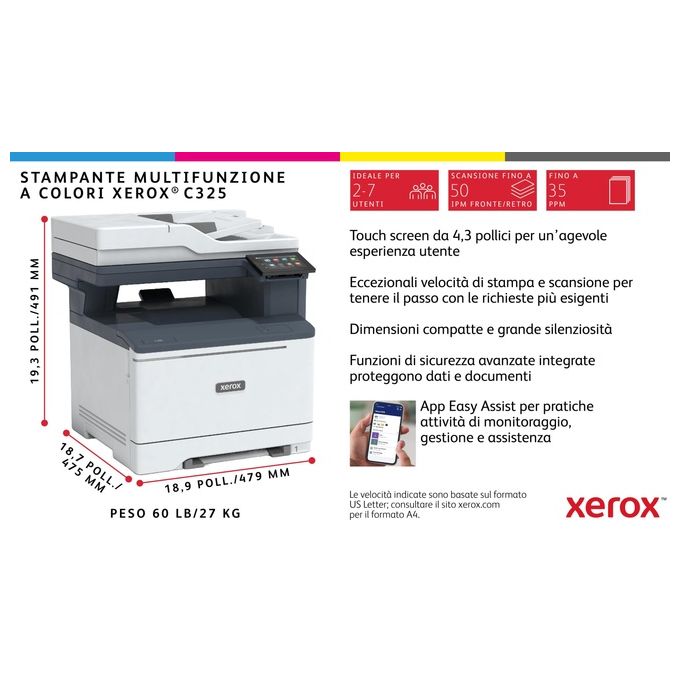 Xerox C320V_DNI C320 Stampante Laser a Colori A4 35 ppm Fronte Retro Automatica Wi-Fi Ethernet Touchscreen 2,8'' colore Bianco