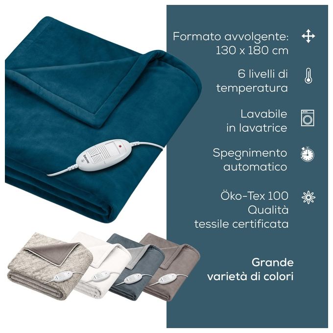 Beurer 42108 HD 75 Cosy Termocoperta 100W 6 livelli di temperatura 180x130 cm lavabile in lavatrice colore Ocean