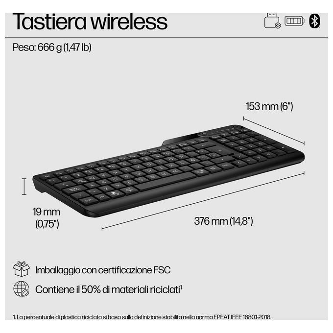 HP 7N7B9AA Tastiera Wireless Dual-Mode Full-size Bluetooth 5.3 Multi-dispositivo Layout 100% colore Nero