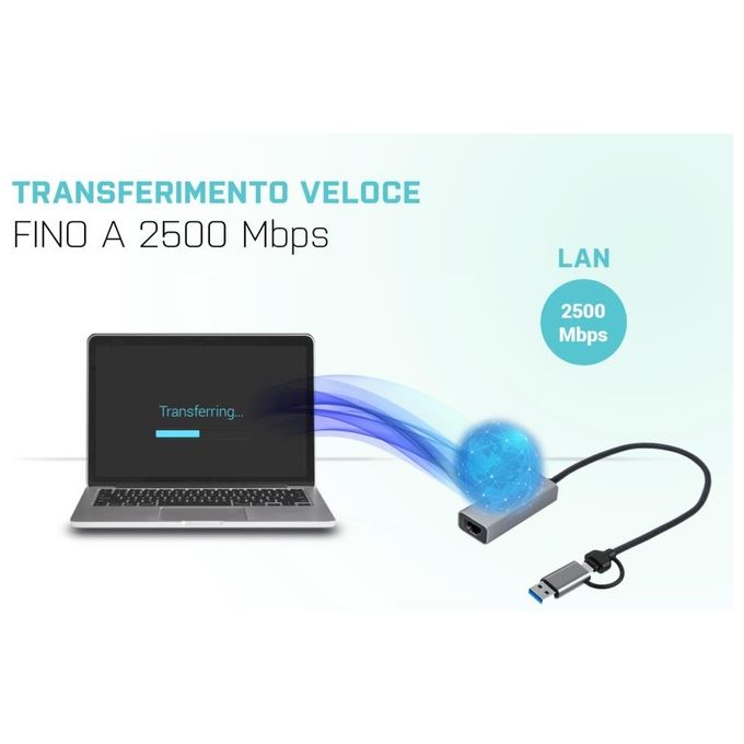 I-tec C31METAL25LAN Metal USB-C-USB-A 2.5Gbps Ethernet Adapter Velocita' fino a 2500 Mbit-s Compatibile con Thunderbolt 3-4 colore Grigio