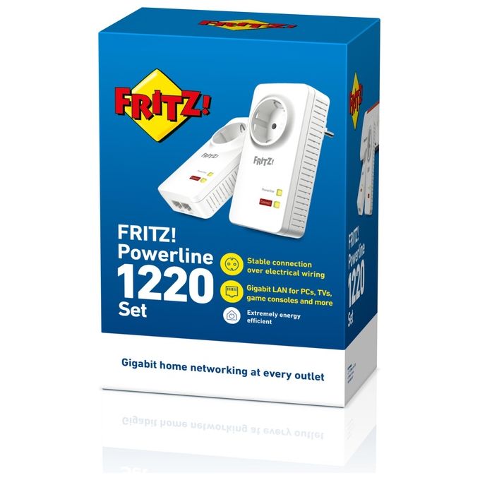Fritz! Powerline 1220E Set di 2 Adattatori con Presa Passante Fino a 1200 Mbps 2 Porte LAN Gigabit Plug and Play Eco Mode
