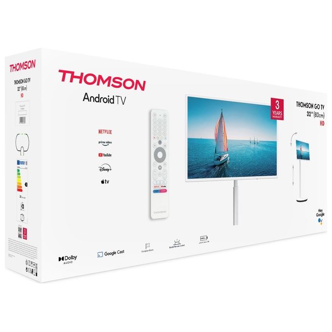 Thomson 32HA4M44 Go TV Portatile Smart TV 32'' HD Android TV DVB-T2 Batteria 4h Dolby Audio 16W colore Bianco