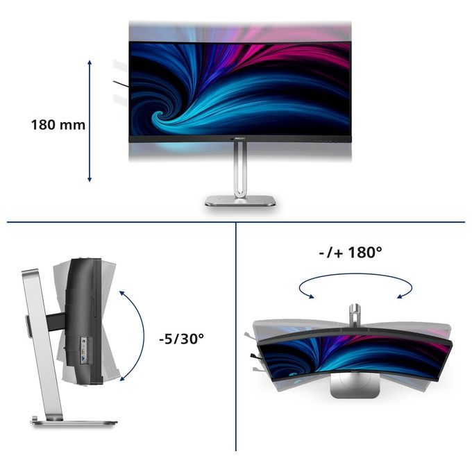 Philips 34B2U5600C 5000 Series Monitor PC Curvo 34'' UWQHD 3440x1440 120Hz VA USB-C 100W RJ45 Hub USB KVM colore Grigio