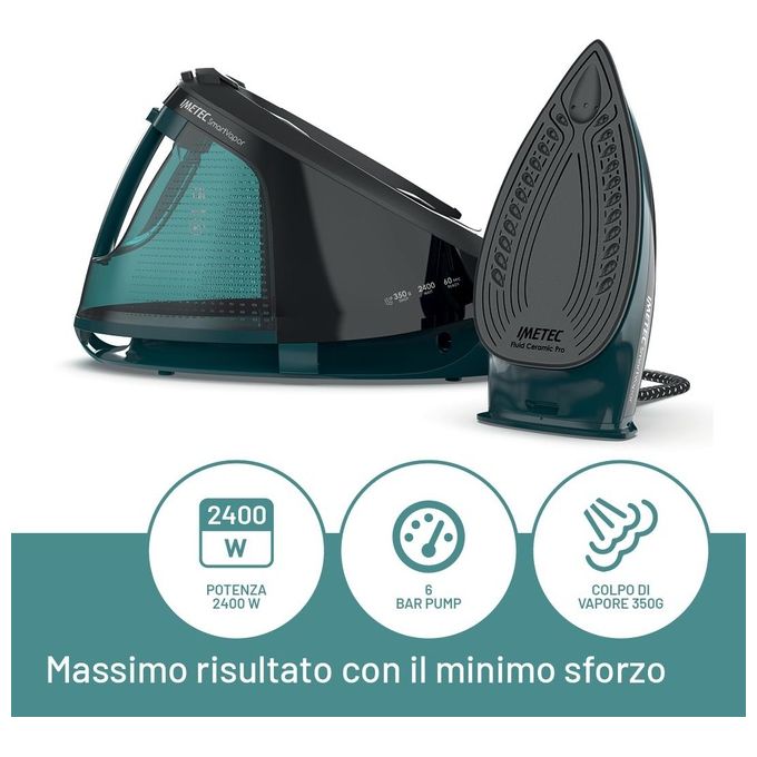 Imetec 9047 SmartVapor Ferro da Stiro con Caldaia 2400 W 6 bar Serbatoio 1,8 L Piastra Ceramica Vapore Verticale colore Nero Verde