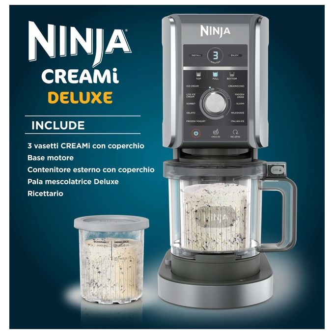 Ninja NC501EU CREAMi Deluxe Gelatiera 2,1 L 800 W 10 programmi 3 vaschette 709 ml timer digitale colore Nero Grigio