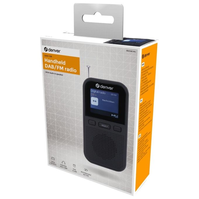 Denver DAH-126 Radio Portatile DAB+ FM Digitale Batteria 1800 mAh 8h Display LCD 1.8'' 2 Sveglie colore Nero