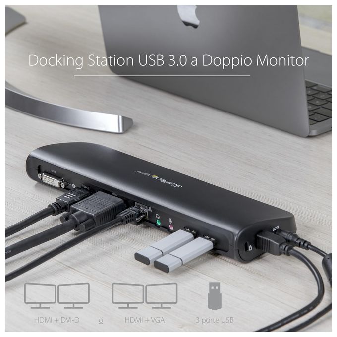 Docking station Universale USB3.0 per laptop VGA DVI HDMI - Dual-Monitor con Ethernet audio