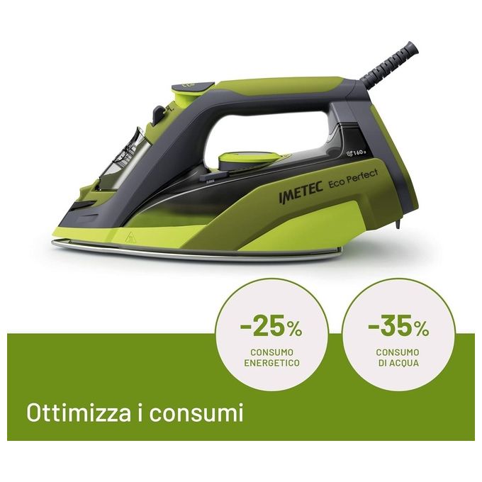 Imetec 9017 Eco Perfect Ferro da Stiro a Vapore 2400W Piastra Pro Ceramic Colpo Vapore 160g Serbatoio 300ml Tripla Protezione Anticalcare colore Verde Grigio