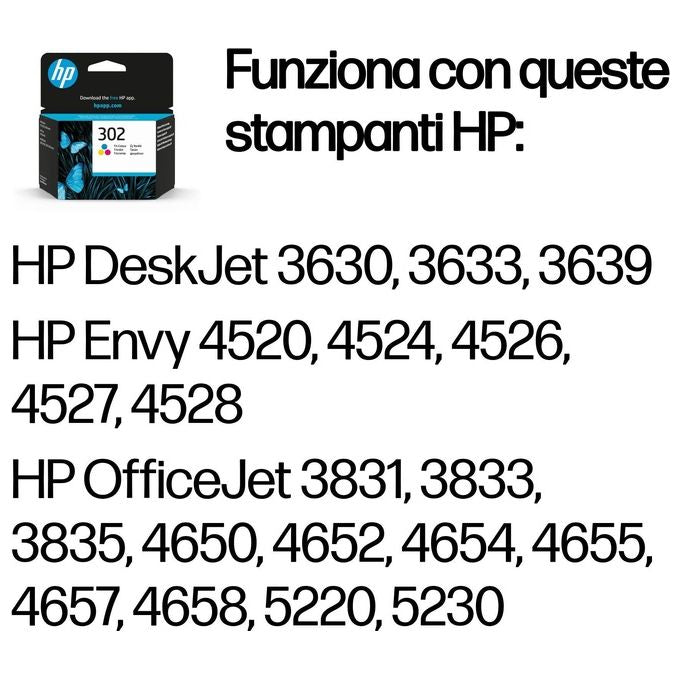 HP 302 F6U65AE Cartuccia Originale per Stampanti a Getto di Inchiostro, Compatibile con DeskJet 1110, 2130 e 3630, HP OfficeJet 3830 e 4650, HP ENVY 4520, Tricromia