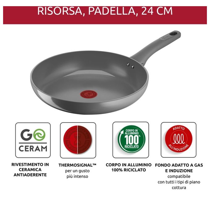 Lagostina 010274040130 Risorsa Padella Multiuso 30 cm con Rivestimento in Ceramica Antiaderente Goceram Thermo-Signal Compatibile Induzione Alluminio Riciclato colore Grigio