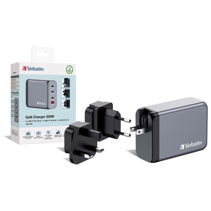 Verbatim 32204 GNC-200 Caricatore GaN 200W con 3 USB-C 1 USB-A Ricarica Rapida Quick Charge 3.0 PD PPS colore Nero Grigio