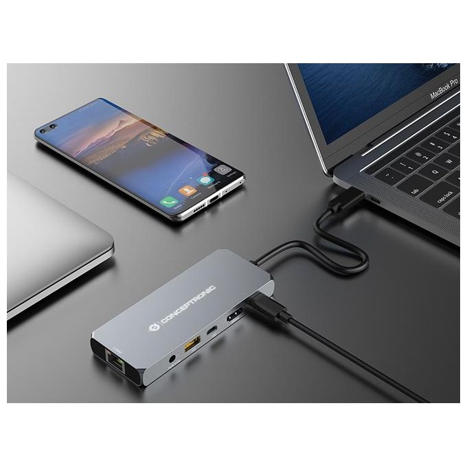 Conceptronic DONN22G Docking Station 6 in 1 USB4 40 Gbps HDMI 2.1 8K 60Hz Ethernet 2.5GbE USB PD 100W colore Grigio