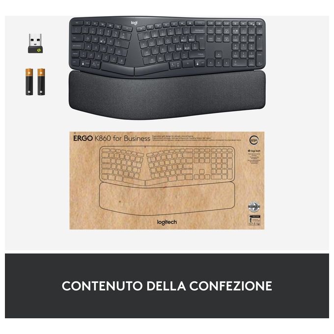 Logitech 920-010349 ERGO K860 Tastiera Split Ergonomica Wireless Bluetooth Layout Italiano QWERTY con Supporto Polso Regolabile colore Grafite