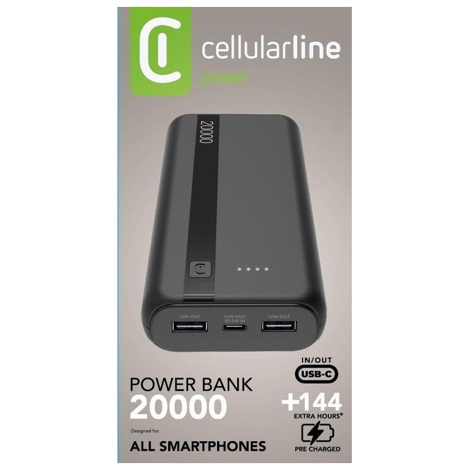 Cellularline PBENTRY20000K Power Bank 20000 mAh USB-C Input 10.5W 2 USB Output 12W Ioni di Litio LED colore Nero