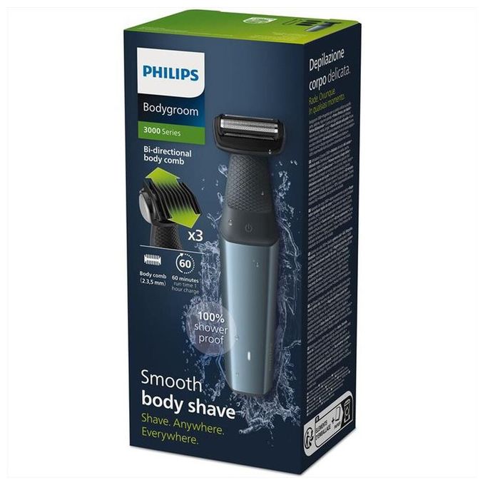 Philips BG3027-05 Bodygroom Series 3000 Rasoio elettrico corpo e inguine bagnato e secco 3 pettini autonomia 60 min colore Nero Blu