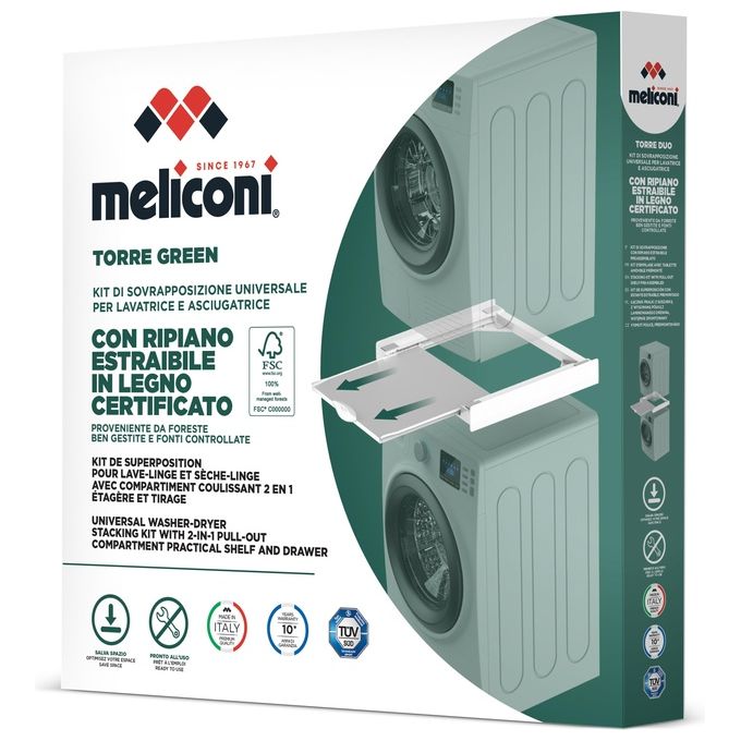Meliconi 656124 Torre Green Kit di Sovrapposizione per Lavatrice e Asciugatrice Universale ABS con Ripiano in Legno FSC e Cinghia di Sicurezza 6 m (60.4x55 cm) colore Bianco