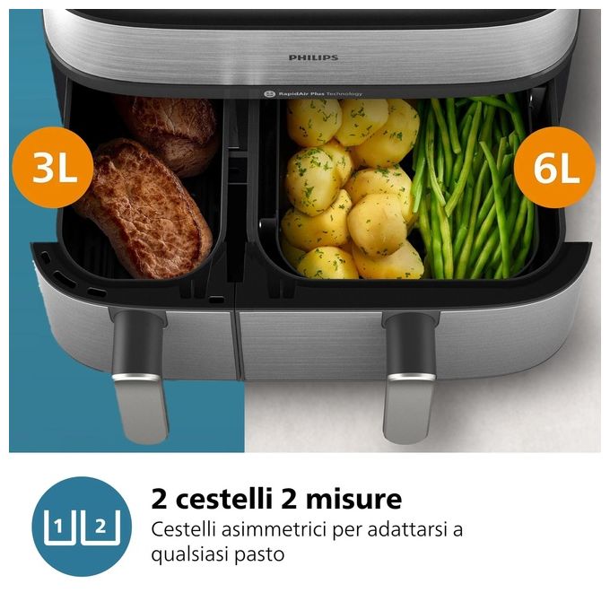 Philips NA555-00 Serie 5000 Friggitrice ad aria 9L 2750W Doppio Cestello 19 Programmi Cottura a Vapore colore Argento