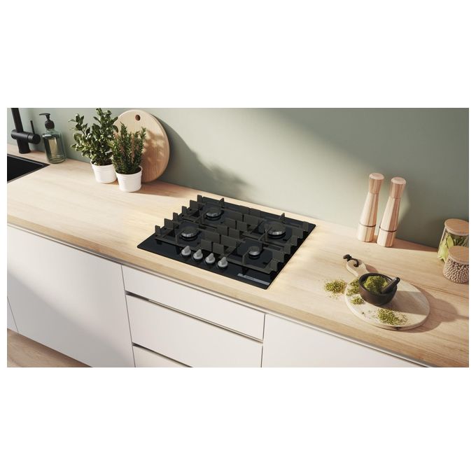 Bosch PNP6B6K40 Serie 4 Piano cottura a gas 60 cm 4 fuochi vetro temperato griglie ghisa accensione elettronica colore Nero