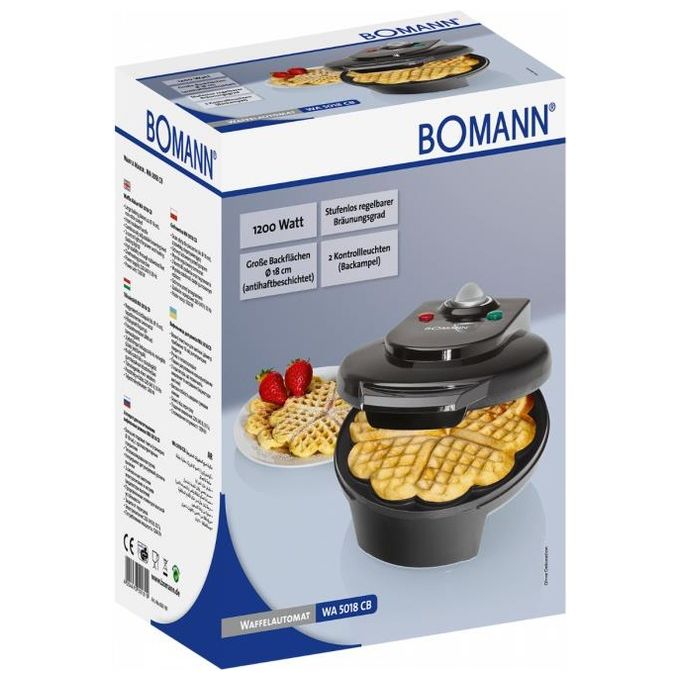 Bomann WA 5018 CB Macchina per Waffle 1200 W piastre antiaderenti 18 cm regolazione temperatura colore Nero