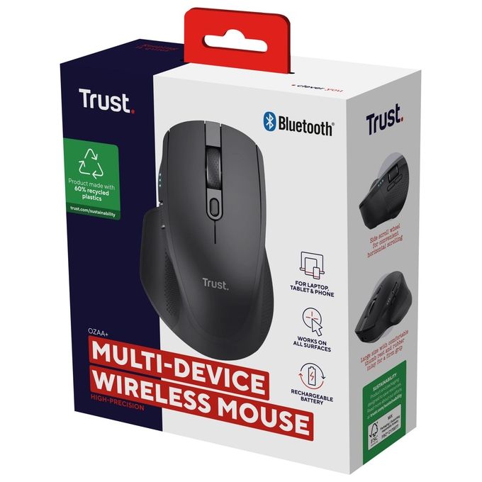 Trust 24820 Ozaa+ Mouse Wireless Multi-Dispositivo 6 Pulsanti Silenzioso 2 Rotelle Scorrimento Bluetooth 2.4GHz USB Type-C 60% Plastica Riciclata colore Nero