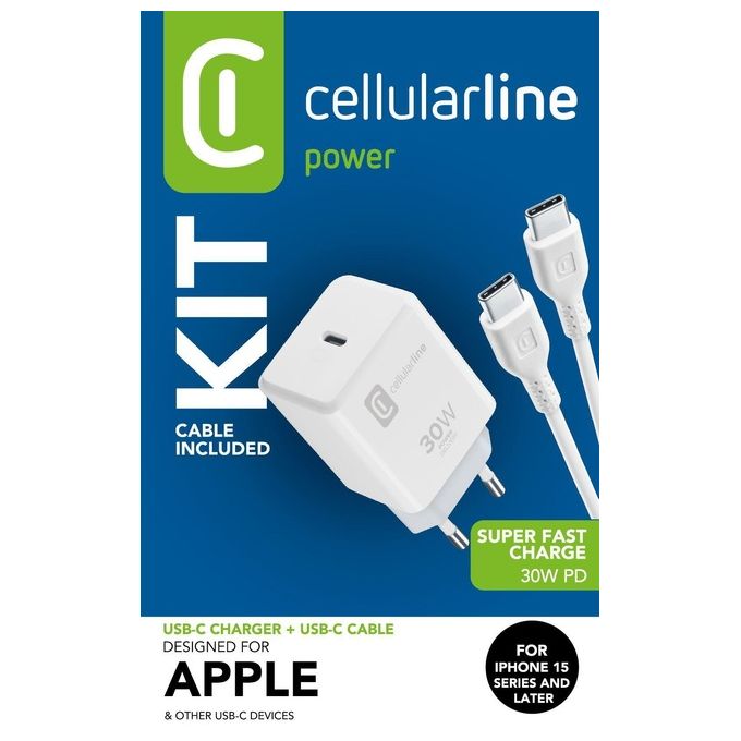 Cellularline ACHIPHKITC2CPD30WW Caricabatterie da rete 30W con cavo USB-C to USB-C 1 m compatibile iPhone 15 serie colore Bianco