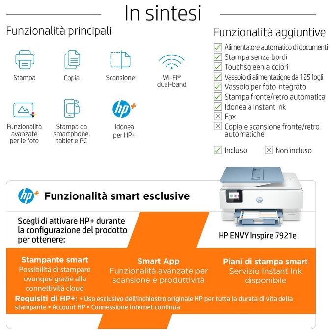 HP 2H2P6B ENVY Inspire 7921e Stampante Multifunzione Inkjet A4 15 ppm Wi-Fi Fronte Retro ADF 35 fogli colore Bianco