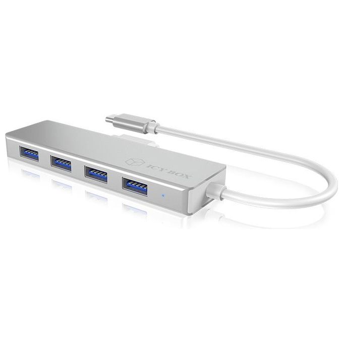 Raidsonic IB-HUB1425-C3 Hub USB-C a 4 Porte con 4 Porte USB 3.0 Connettore USB 3.0 in Alluminio Cavo Integrato Argento-Bianco