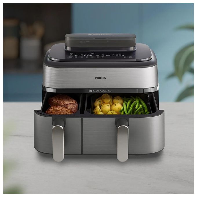 Philips NA555-00 Serie 5000 Friggitrice ad aria 9L 2750W Doppio Cestello 19 Programmi Cottura a Vapore colore Argento