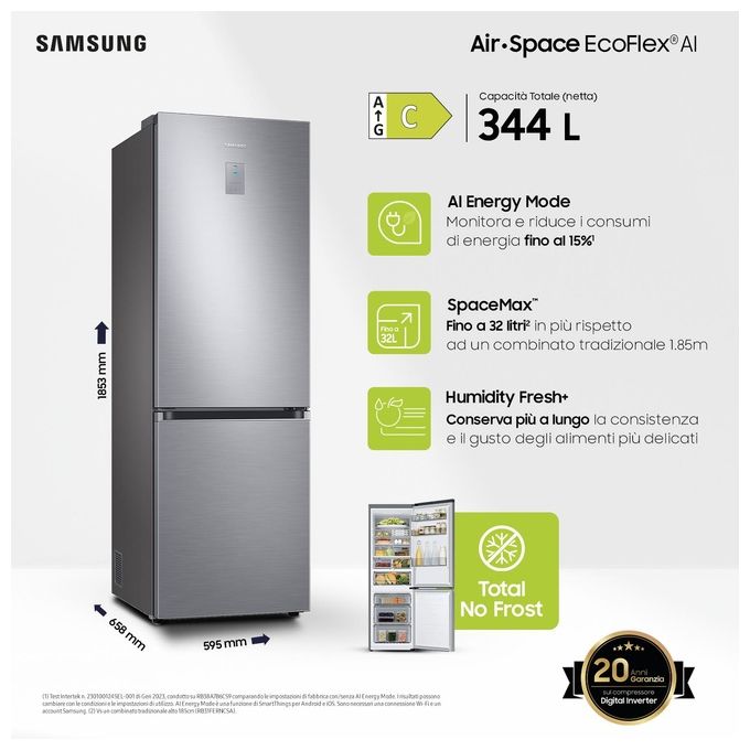 Samsung RB34C775CS9 EcoFlex AI Frigorifero Combinato 344 L 185 cm Classe C 35 dB No Frost Wi-Fi SpaceMax colore Inox