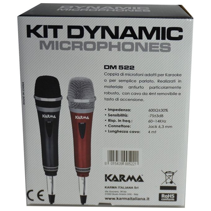 Karma KIT_ 2 Microfoni Dinamici Rosso e Nero, 6.3mm, 4 m