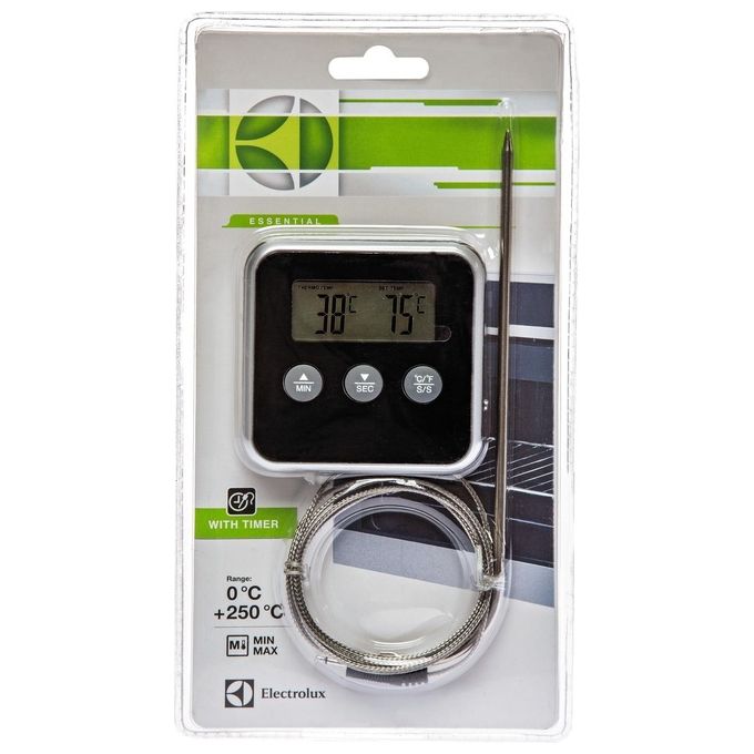 Electrolux E4KTD001 Termometro Digitale con Termosonda per Carne Timer Fino a 99 Minuti Allarme Acustico Acciaio Inox e Silicone colore Nero