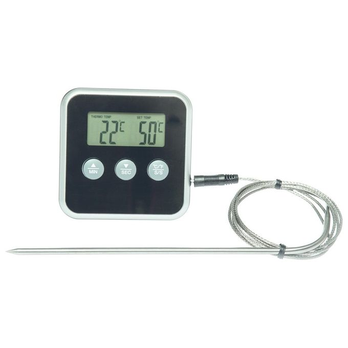 Electrolux E4KTD001 Termometro Digitale con Termosonda per Carne Timer Fino a 99 Minuti Allarme Acustico Acciaio Inox e Silicone colore Nero
