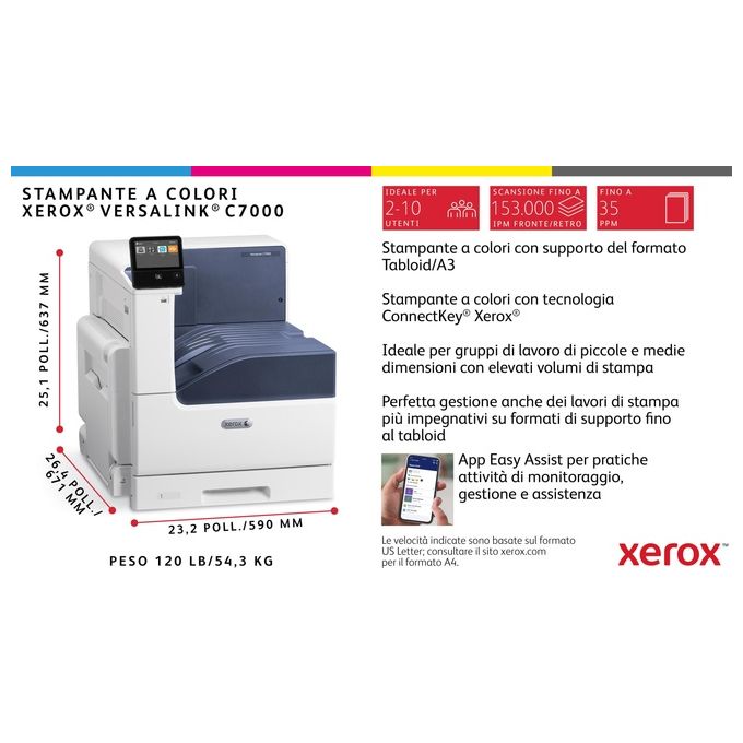 Xerox VersaLink C7000V-DN Stampante colore Duplex laser A3 1200 x 2400 dpi capacita' 620 fogli Gigabit LAN, NFC, USB 3.0