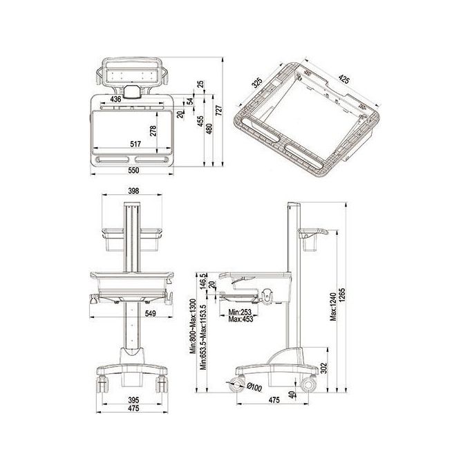 Nilox Workstation Ergonomica Notebook Carrello e Supporto Multimediale Argento-Bianco
