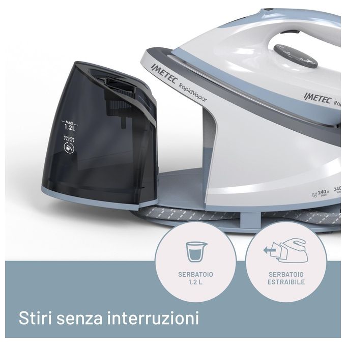 Imetec 9033 Rapidvapor Ferro da Stiro con Caldaia Piastra Fluid Ceramic 2400 W 5 bar Colpo Vapore 240 g-min Serbatoio 1,2 L colore Blu Grigio